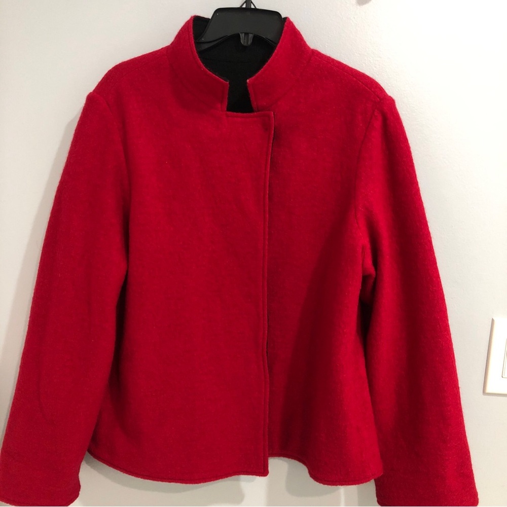 Chicos Red Black Reversible 100% Wool Standup Collar Jacket Asymmetrical Sz S/M